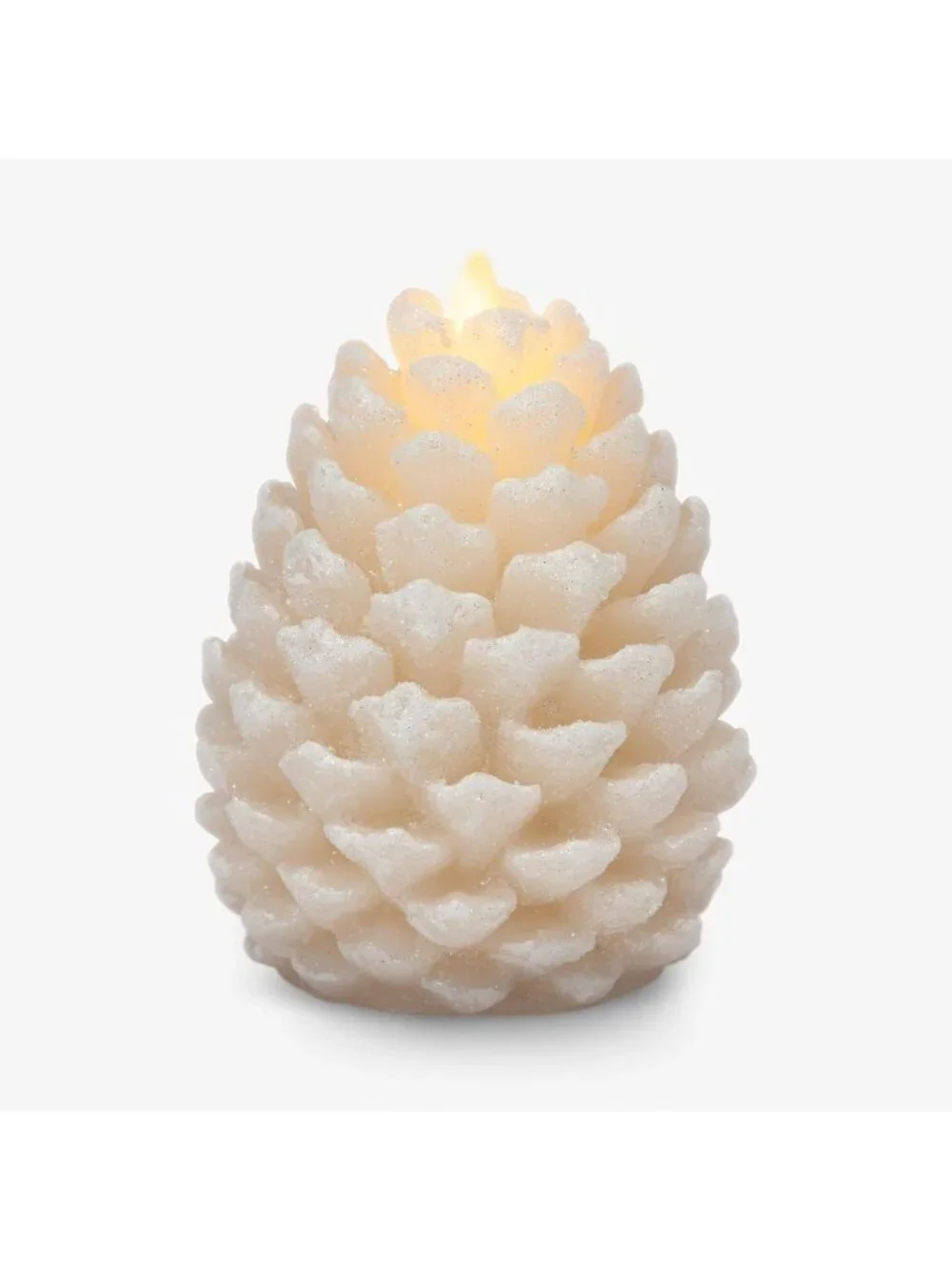 Flameless Pinecone Candle - White Glitter Finish, Real Wax, LED, Battery